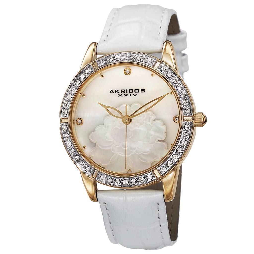 Akribos XXIV Women's Quartz Mother of Pearl Dial Leather Gold-Tone Strap Watch