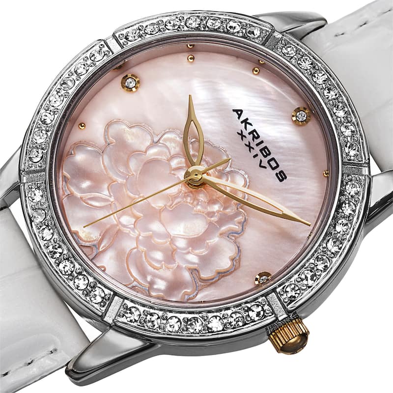 Akribos XXIV Women's Quartz Mother of Pearl Dial Leather Silver-Tone Strap Watch