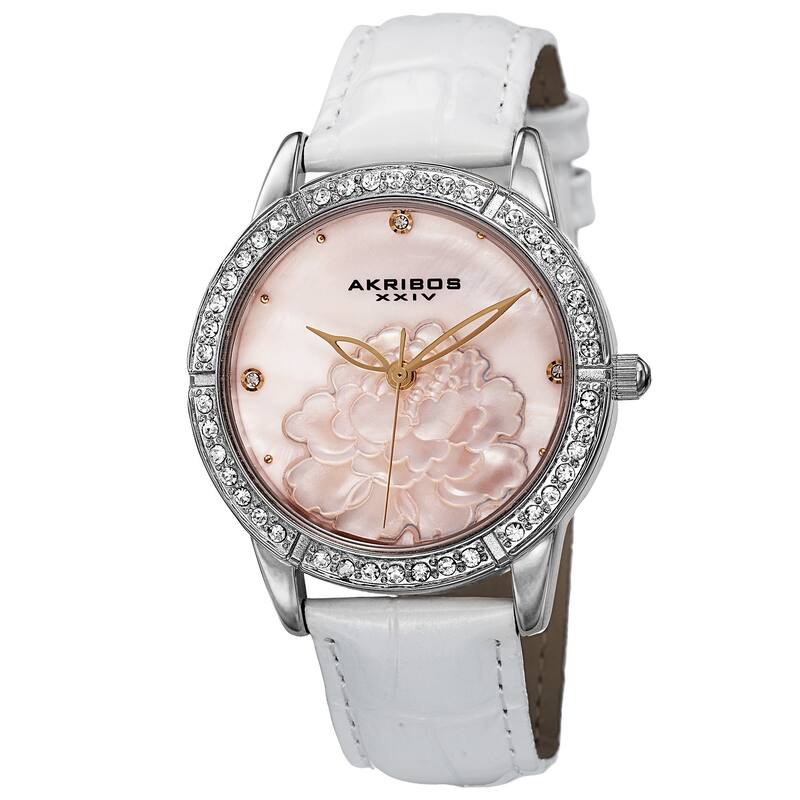Akribos XXIV Women's Quartz Mother of Pearl Dial Leather Silver-Tone Strap Watch