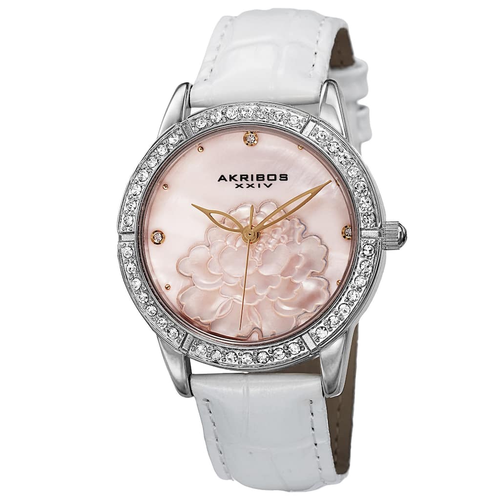 Akribos XXIV Women's Quartz Mother of Pearl Dial Leather Silver-Tone Strap Watch
