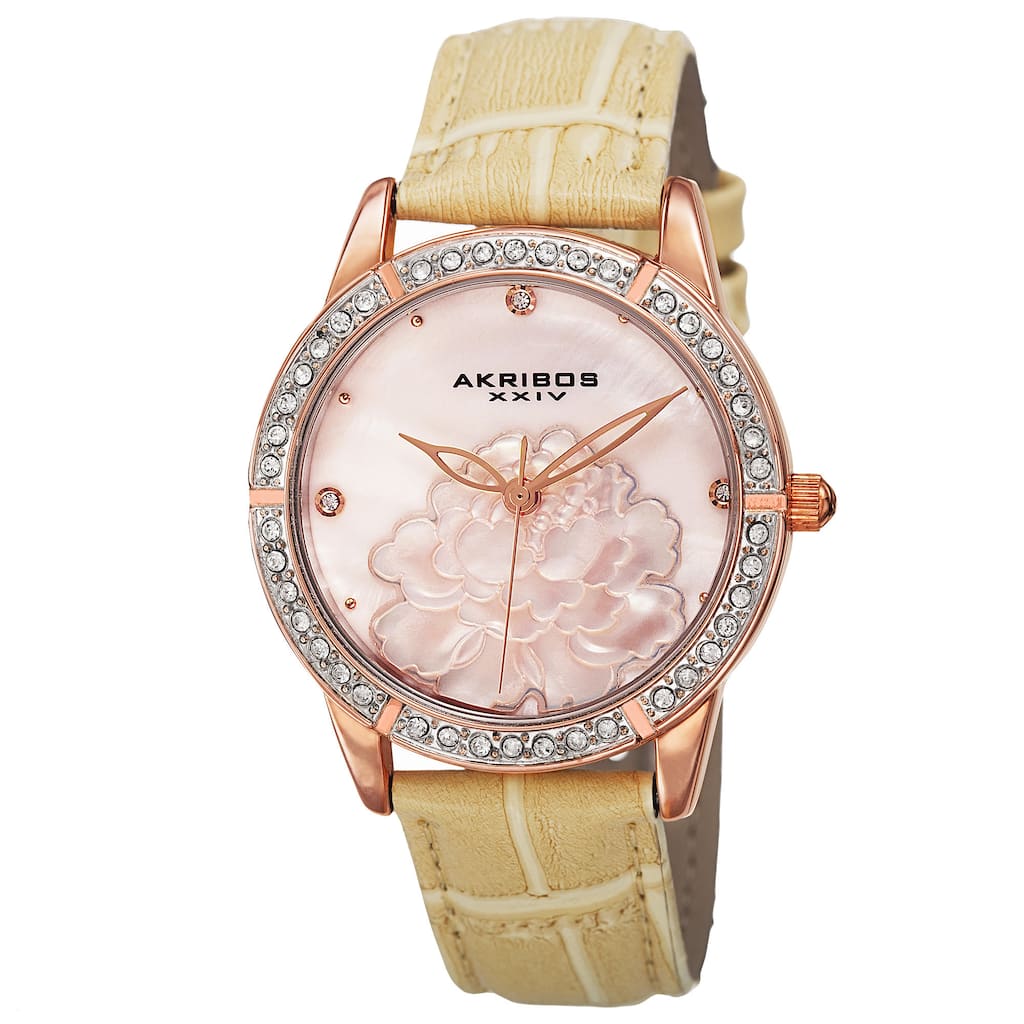 Akribos XXIV Women's Quartz Mother of Pearl Dial Leather Rose-Tone Strap Watch