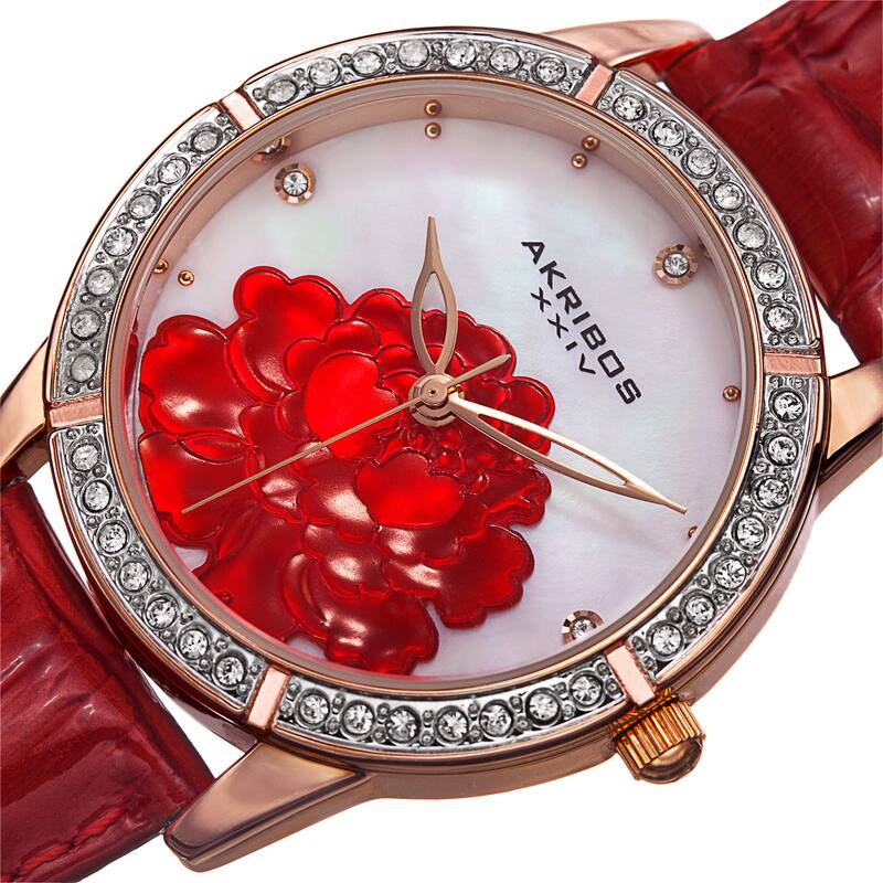 Akribos XXIV Women's Quartz Mother of Pearl Dial Leather Red Strap Watch