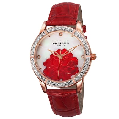 Akribos XXIV Women's Quartz Mother of Pearl Dial Leather Red Strap Watch
