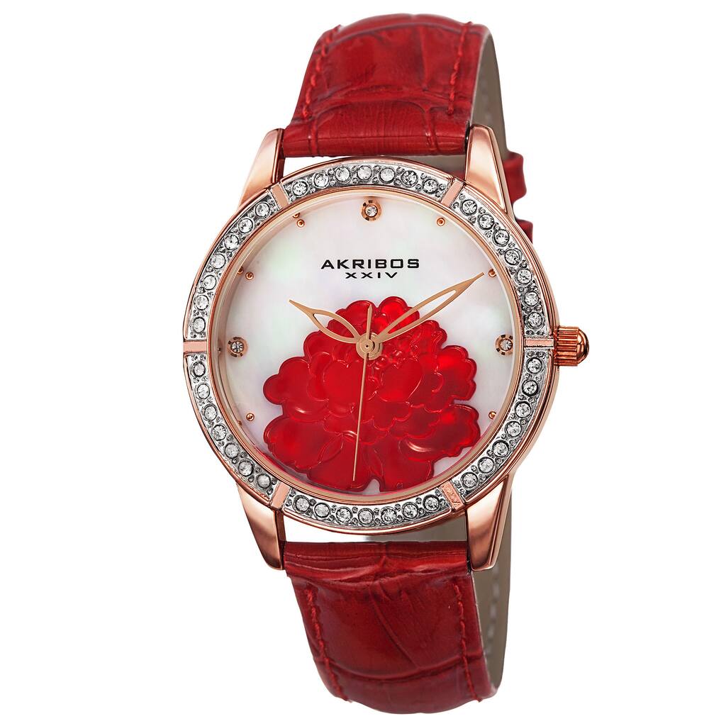Akribos XXIV Women's Quartz Mother of Pearl Dial Leather Red Strap Watch