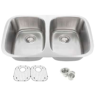 32.25-inch Offset Double 50 50 Bowl Undermount Stainless Steel Kitchen 