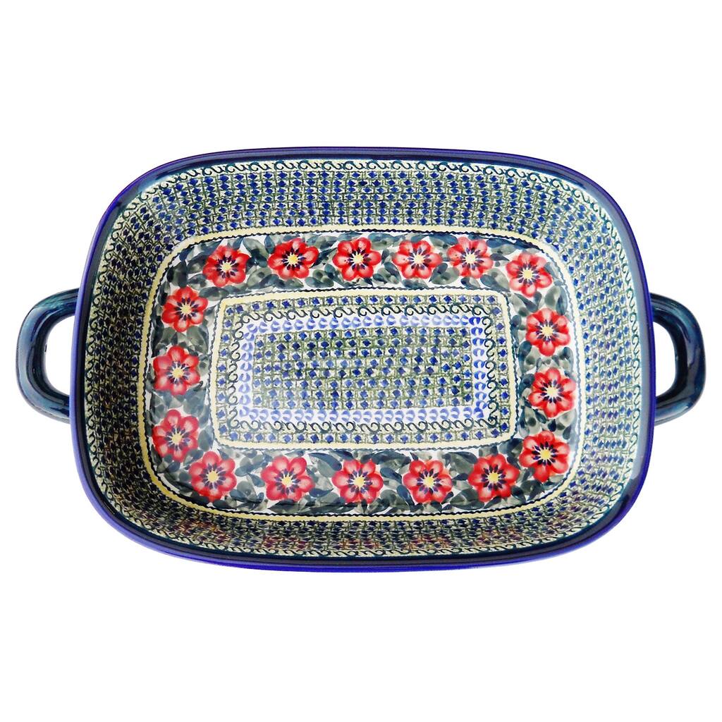 Handmade Polish Stoneware Green Lasagna Roasting Pan with Handles (Poland)