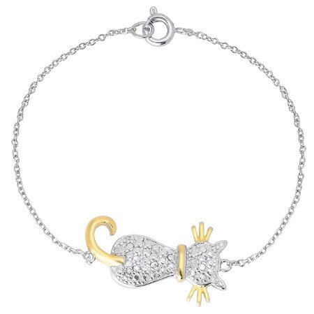Finesque Gold or Silver Overlay Diamond Accent Sideways Cat Bracelet