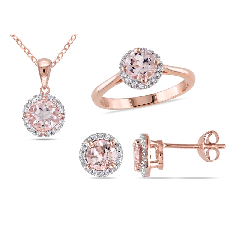 Miadora Rose Plated Sterling Silver Morganite and 1/4ct TDW Diamond Halo Earrings, Ring and Necklace - Pink