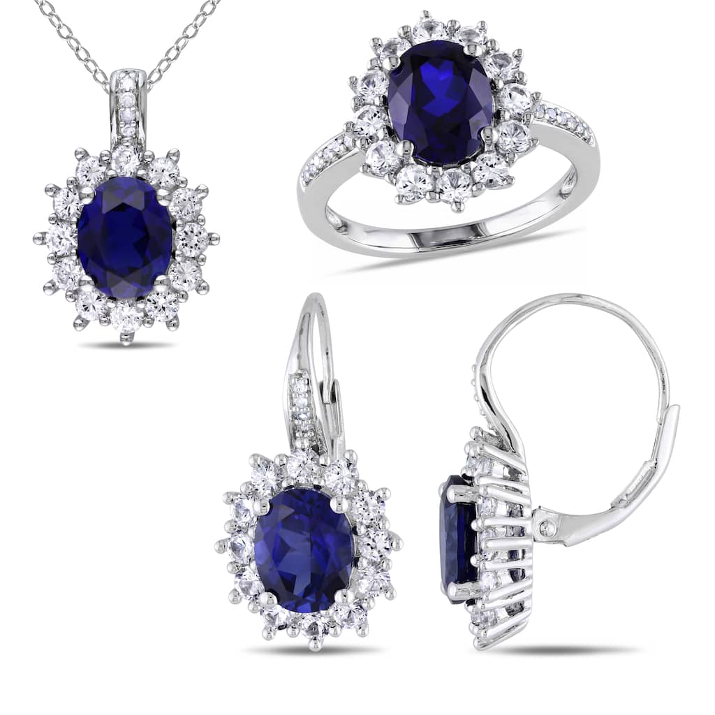 Miadora Sterling Silver Created Blue and White Sapphire 1/10ct TDW Diamond Birthstone Jewelry Set