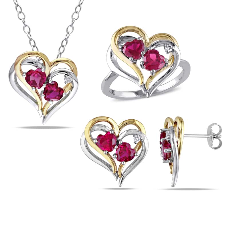 Miadora Sterling Silver Created Ruby and 1/10ct TDW Diamond Heart Earrings, Ring and Necklace Set (G - Red