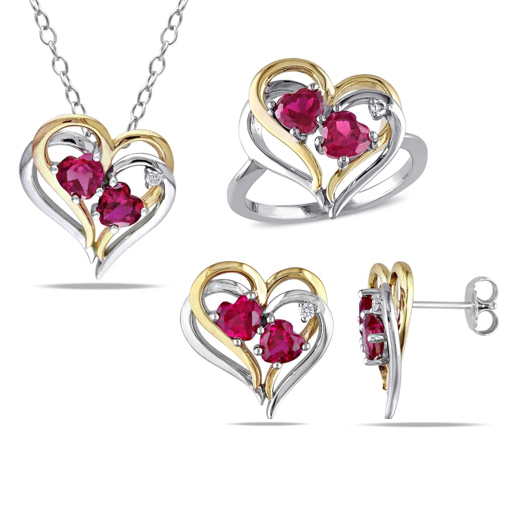 Miadora Sterling Silver Created Ruby and 1/10ct TDW Diamond Heart Earrings, Ring and Necklace Set (G - Red