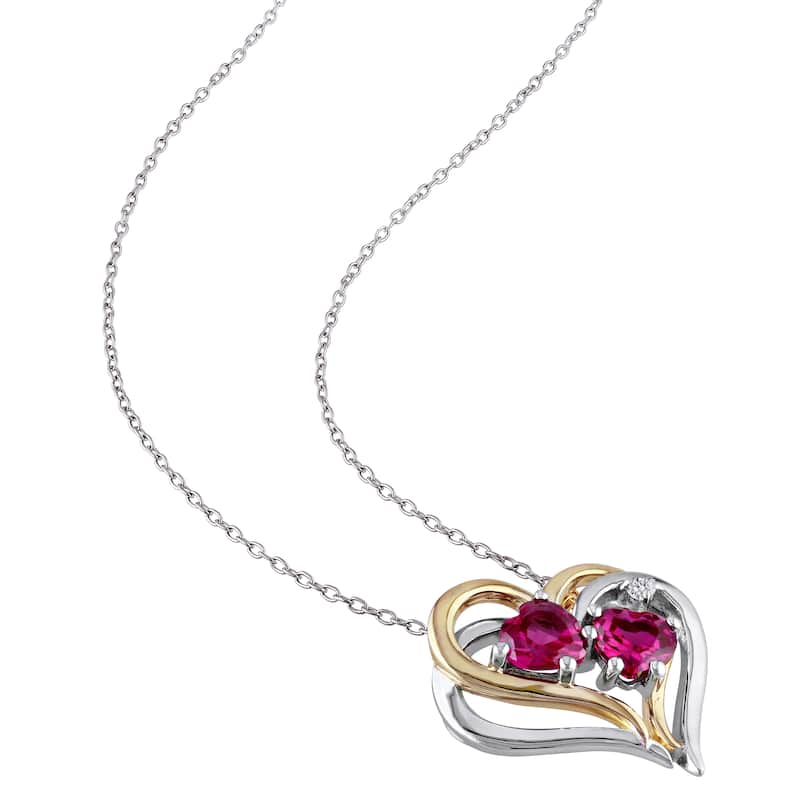 Miadora Sterling Silver Created Ruby and 1/10ct TDW Diamond Heart Earrings, Ring and Necklace Set (G - Red