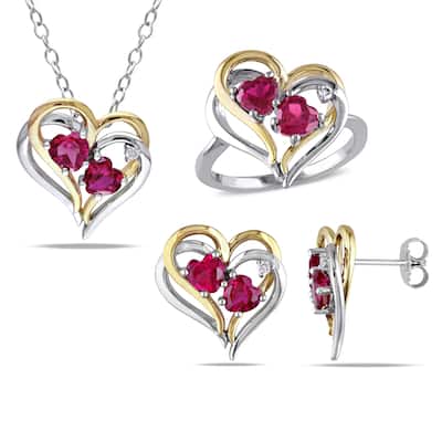 Miadora Sterling Silver Created Ruby and 1/10ct TDW Diamond Heart Earrings, Ring and Necklace Set (G - Red