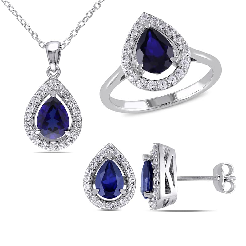 Miadora Sterling Silver Created Blue and White Sapphire Teardrop Jewelry Set