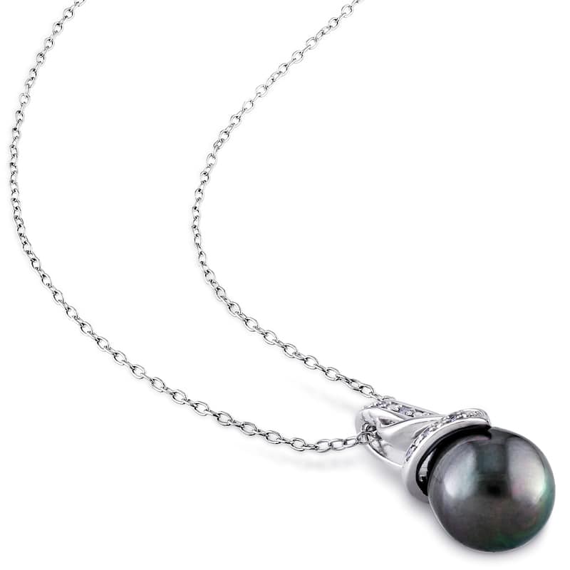 Miadora Sterling Silver Tahitian Pearl Diamond Accent Swirl Drop Jewelry Set (9-9.5 mm) - 21.4 mm x 10.1 mm - 21.4 mm x 10.1 mm