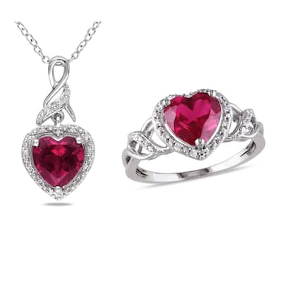 Miadora Sterling Silver Heart-cut Created Ruby and 1/7ct TDW Diamond Ring and Necklace Set (G-H, I2-