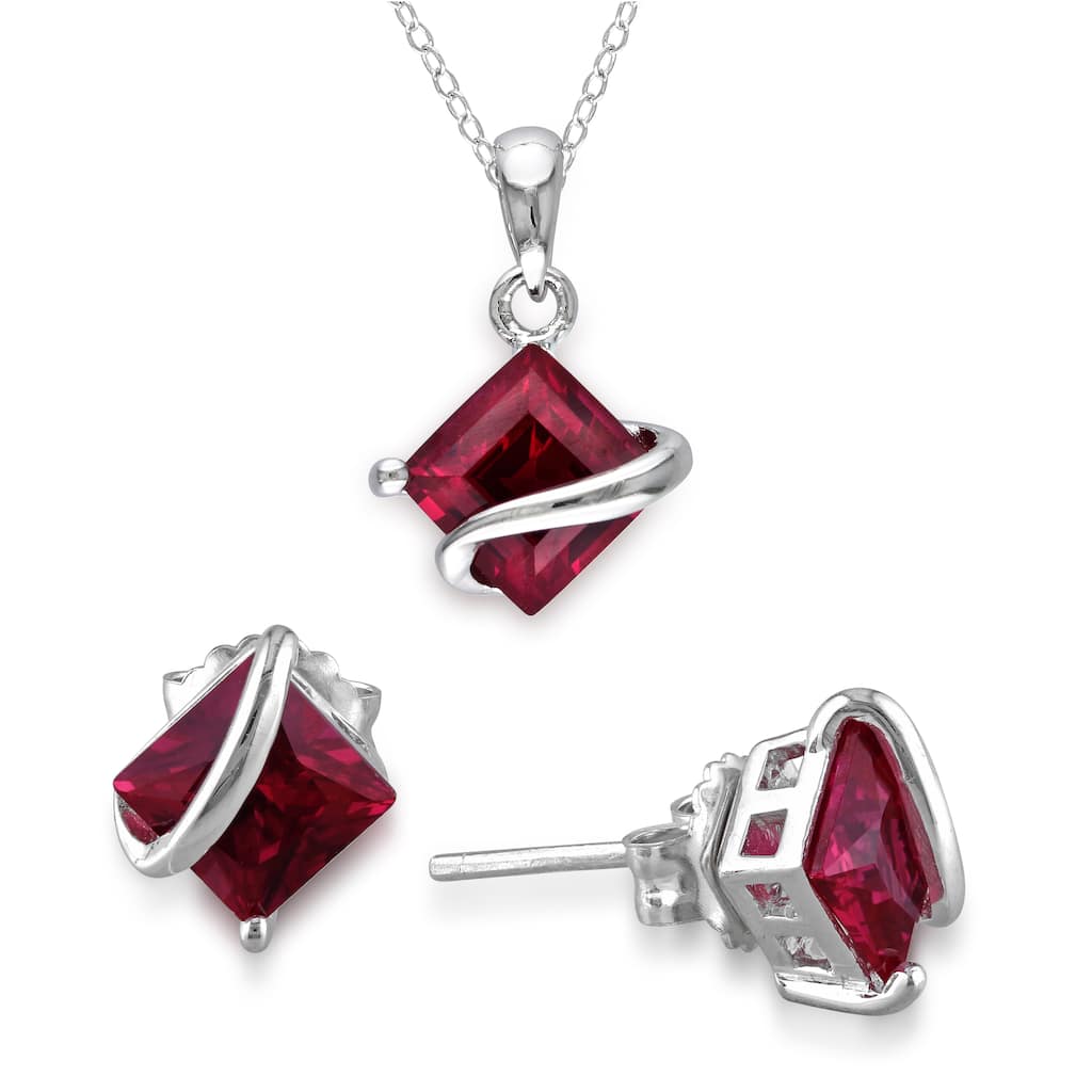 Miadora Sterling Silver 3 3/4ct TGW Created Ruby 2-piece Jewelry Set - Red
