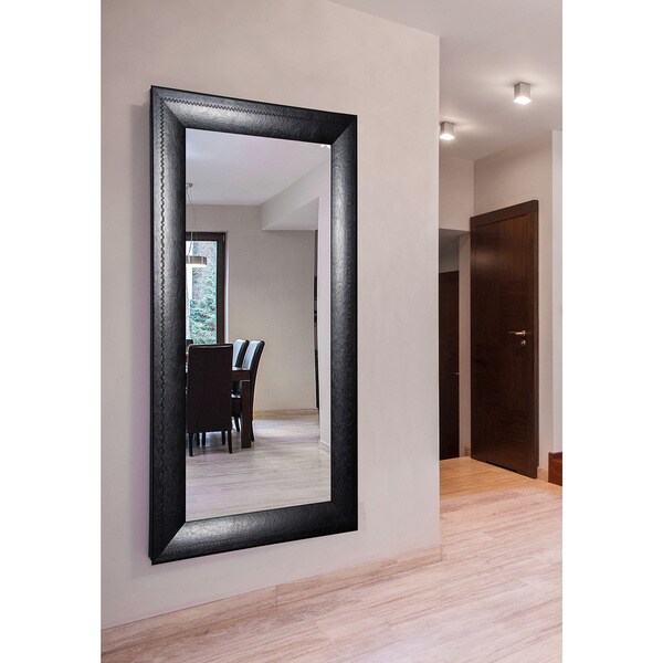 American Made Rayne Extra Large 39.25 x 78.25-inch Stitched Black Leather Vanity Wall Mirror - black