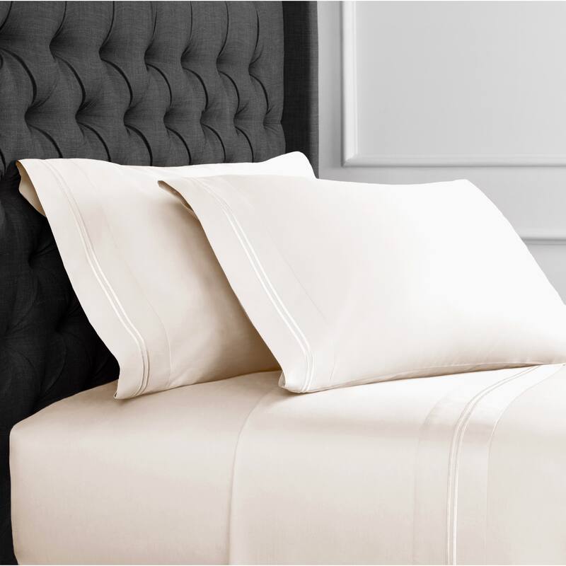 600 Thread Count Long Staple Cotton Border Stripe Embroidery Sheet Set - Ivory - 4 Piece - California King