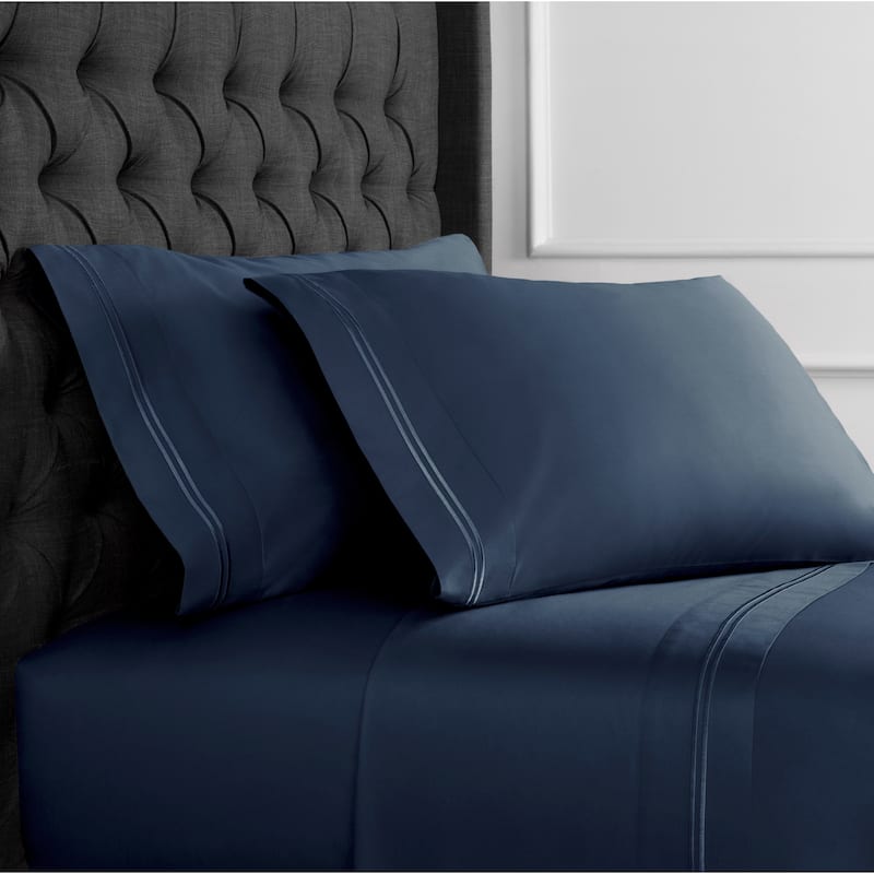 600 Thread Count Long Staple Cotton Border Stripe Embroidery Sheet Set - Navy - 4 Piece - California King