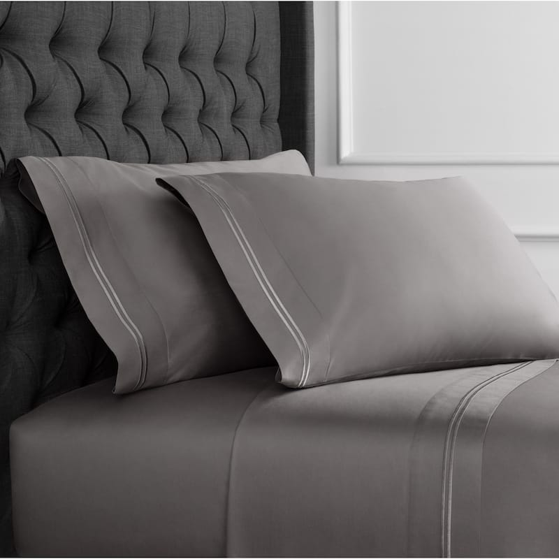 600 Thread Count Long Staple Cotton Border Stripe Embroidery Sheet Set - Charcoal - 4 Piece - Queen