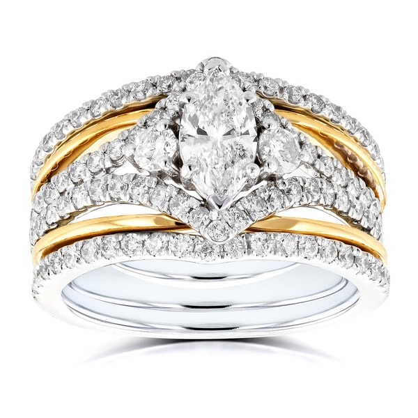 Annello by Kobelli 14k Two Tone Gold 1 2/5ct TDW Marquise Diamond Rings 3-Piece Chevron Bridal Set