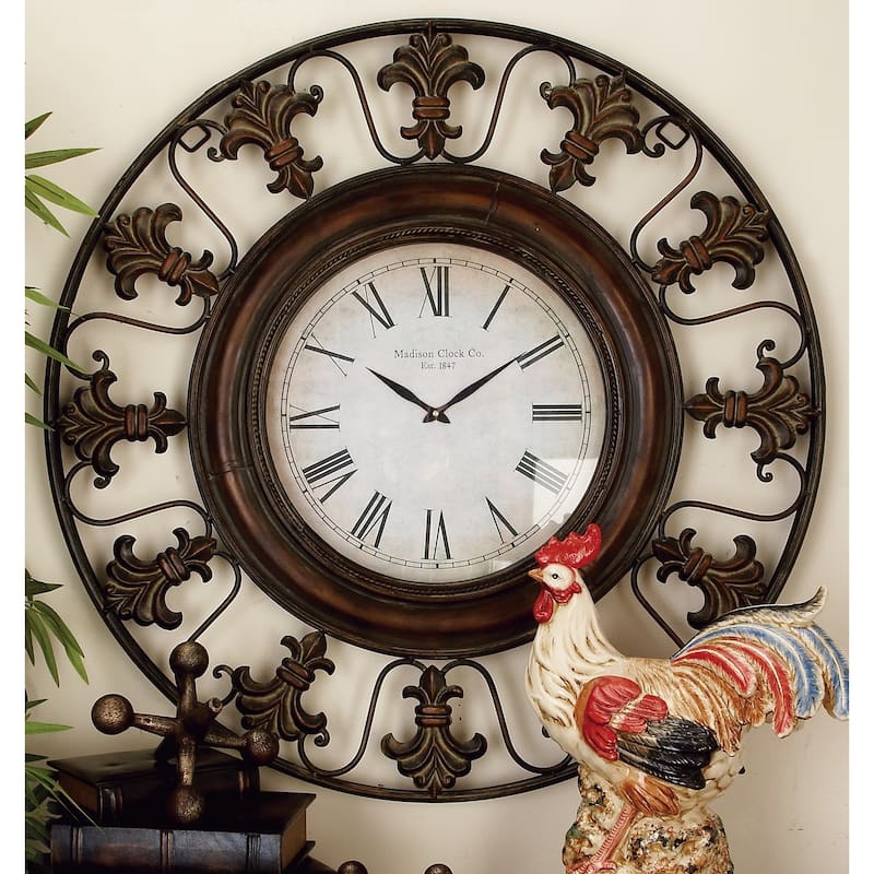 Brown Metal Fleur De Lis Decorative Wall Clock