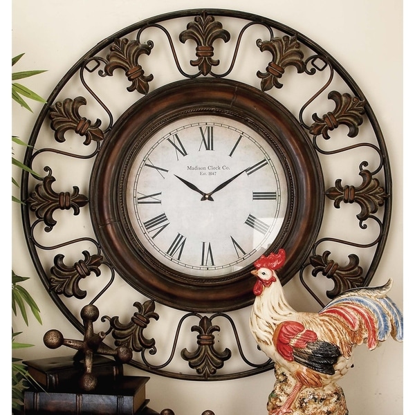 Rustic 38 Inch Round Brown Fleur-de-Lis Wall Clock by Studio 350