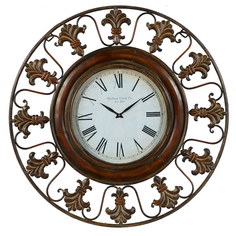 Brown Metal Fleur De Lis Decorative Wall Clock