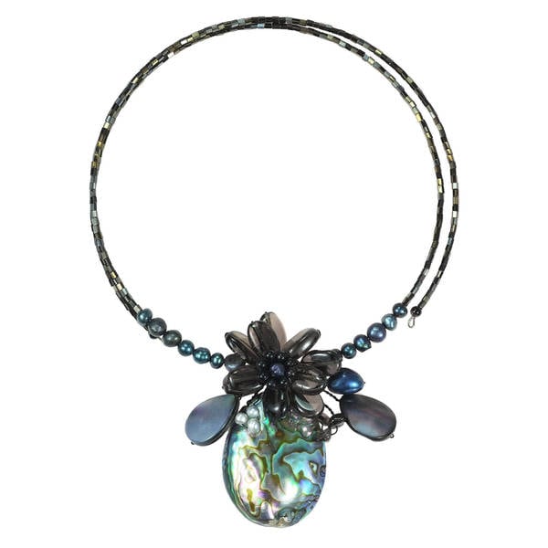 Handmade Tropical Petals Peacock Abalone Shell Memory Wire Choker (Thailand)