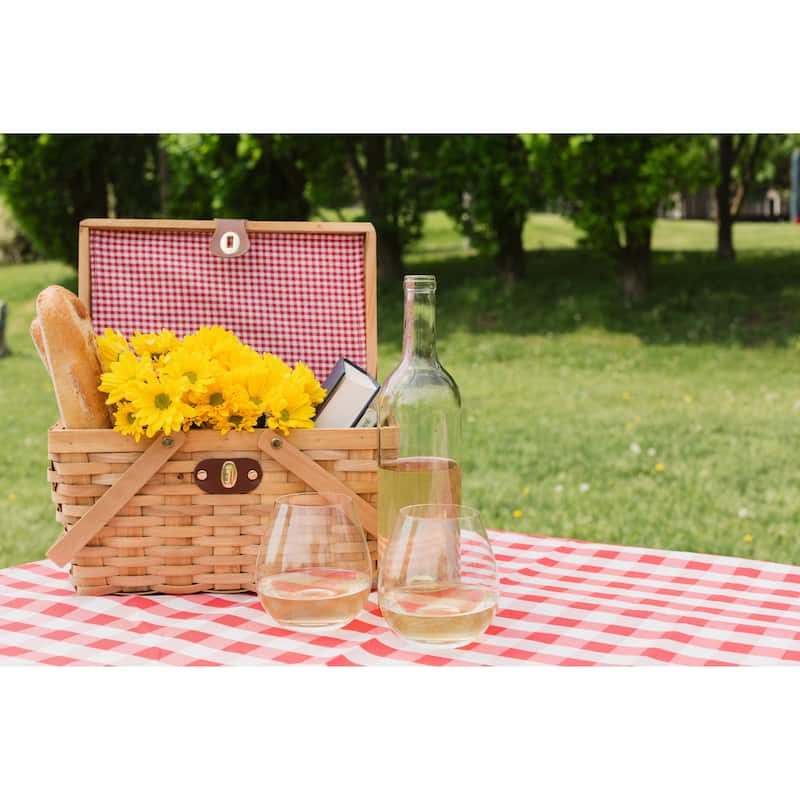 Gingham Lined Picnic Basket with Folding Handles