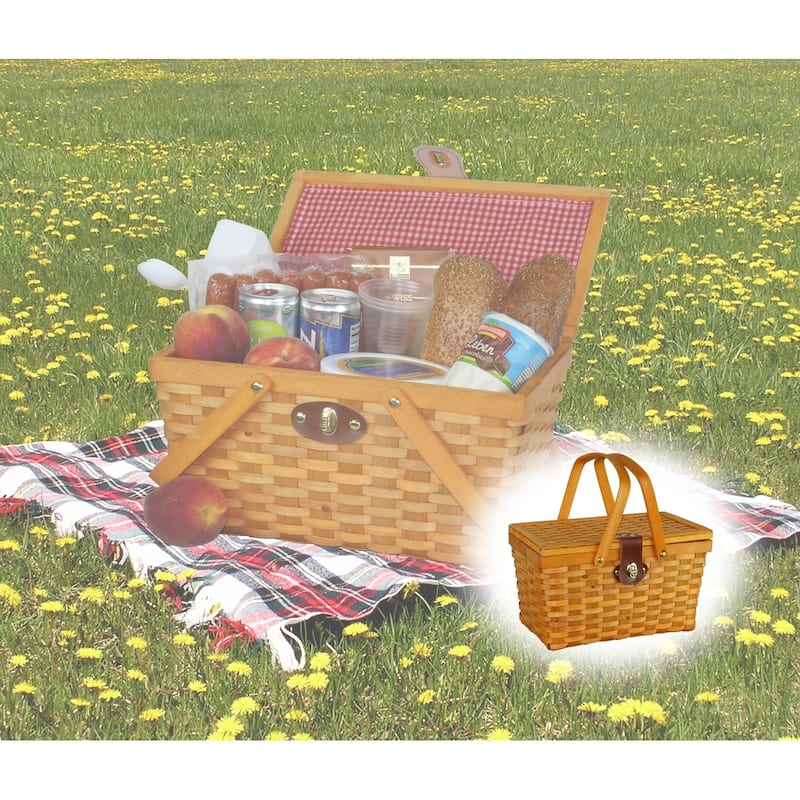 Gingham Lined Picnic Basket with Folding Handles