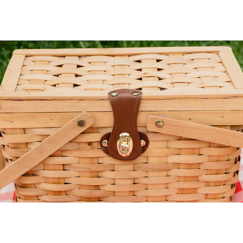 Gingham Lined Picnic Basket with Folding Handles