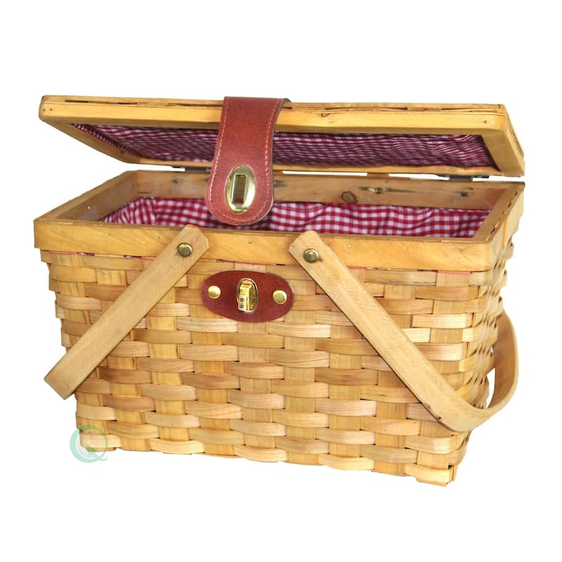 Gingham Lined Picnic Basket with Folding Handles