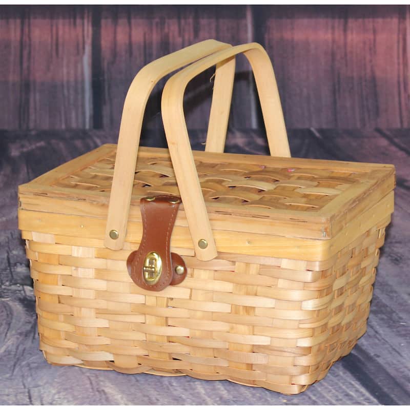 Gingham Lined Picnic Basket with Folding Handles