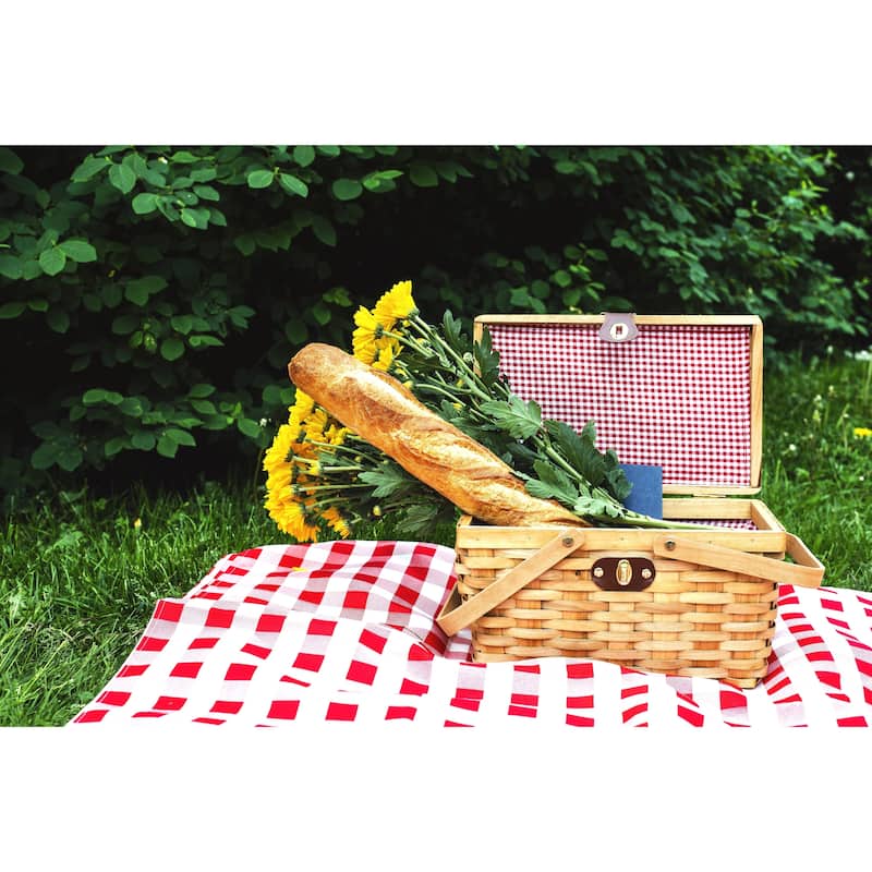 Gingham Lined Picnic Basket with Folding Handles