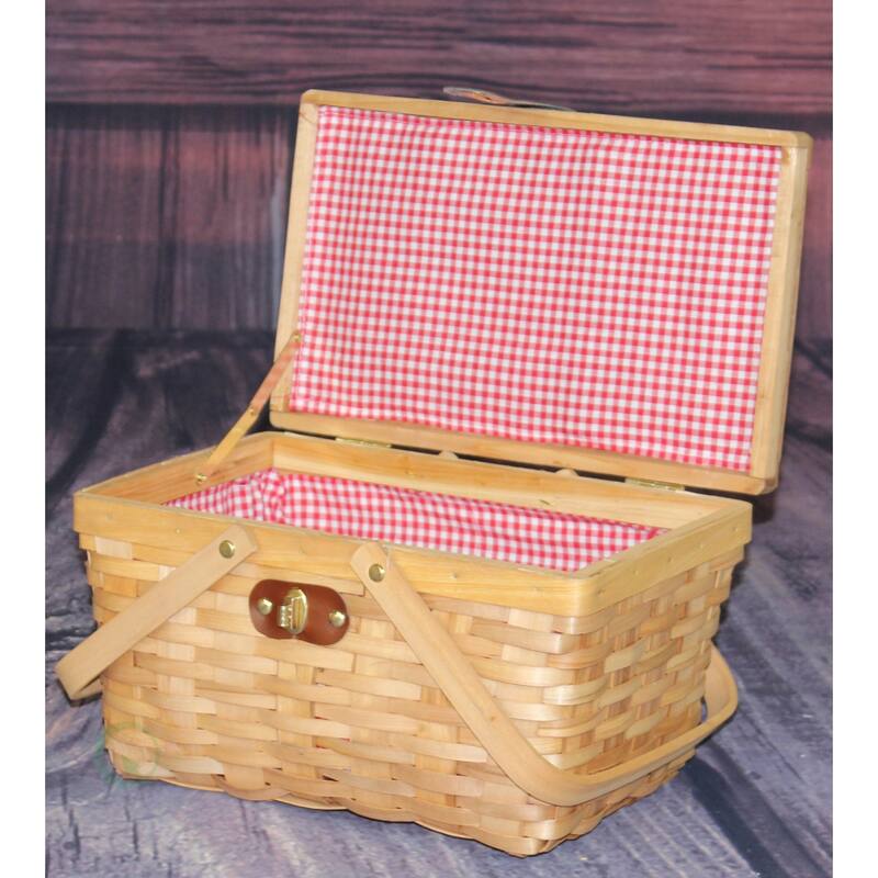 Gingham Lined Picnic Basket with Folding Handles