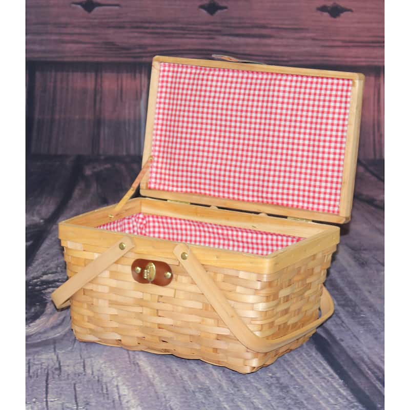 Gingham Lined Picnic Basket with Folding Handles