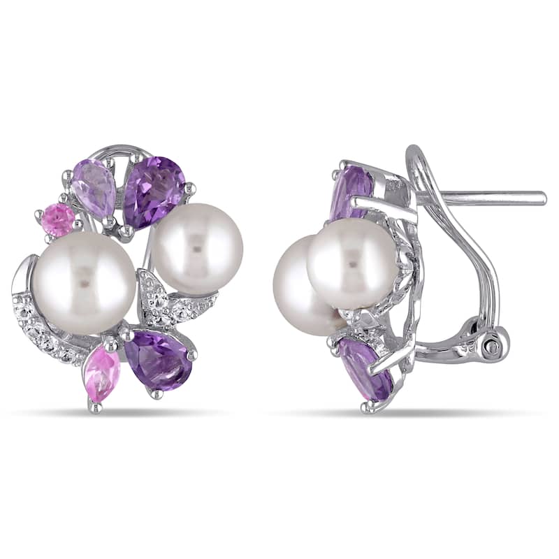 Miadora Sterling Silver Cultured Freshwater White Pearl Sapphire Amethyst Rose de France Earrings - Purple