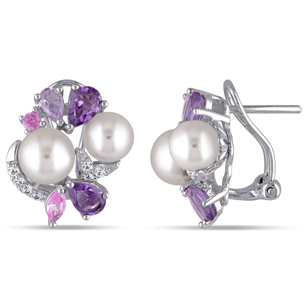 Miadora Sterling Silver Cultured Freshwater White Pearl Sapphire Amethyst Rose de France Earrings - Purple