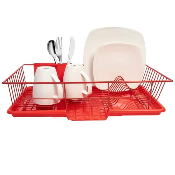 Rubbermaid Antimicrobial Sink Dish Rack Drainer Set, Red, 4-Pieces
