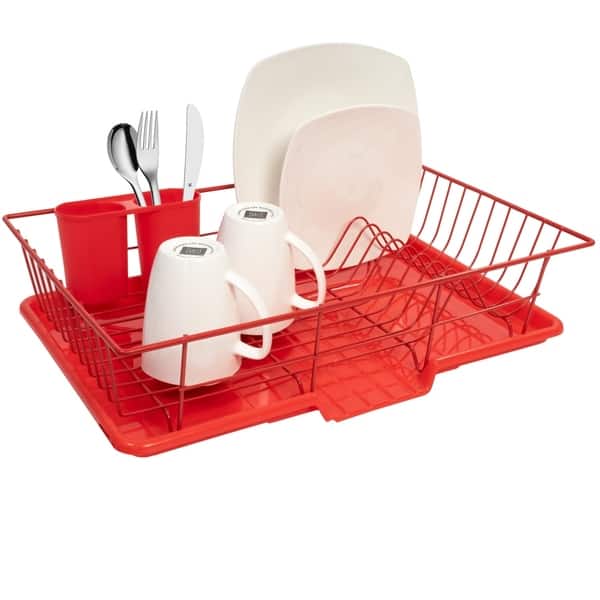 Red Dish Drying Rack Drainboard Set, 2 Tier Stainless Steel Dish