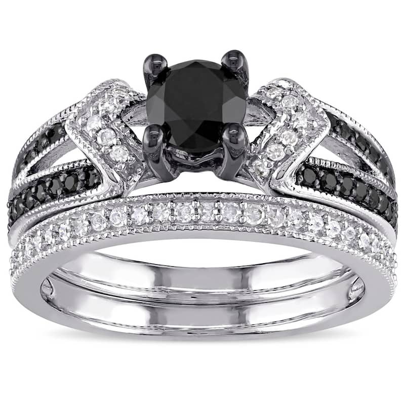 Miadora Sterling Silver Black Rhodium 1 1/8ct TDW Black and White Diamond Split Shank Bridal Set - 5