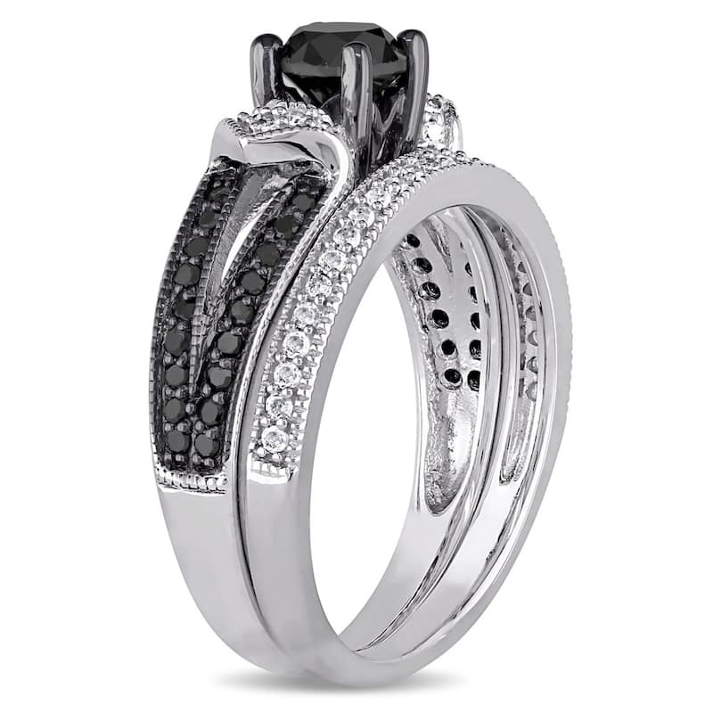 Miadora Sterling Silver Black Rhodium 1 1/8ct TDW Black and White Diamond Split Shank Bridal Set