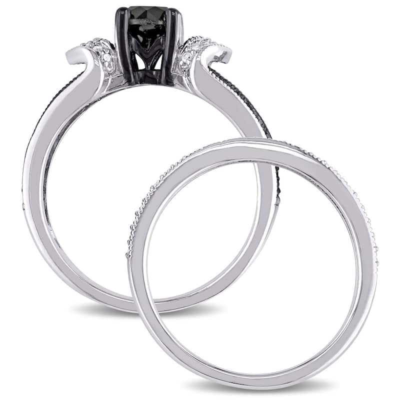 Miadora Sterling Silver Black Rhodium 1 1/8ct TDW Black and White Diamond Split Shank Bridal Set