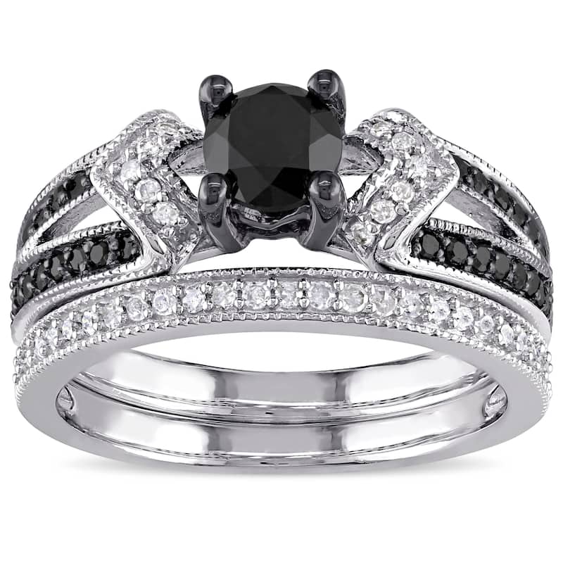 Miadora Sterling Silver Black Rhodium 1 1/8ct TDW Black and White Diamond Split Shank Bridal Set - 5