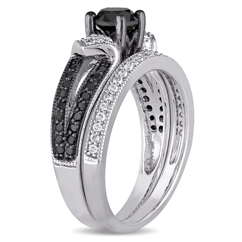 Miadora Sterling Silver Black Rhodium 1 1/8ct TDW Black and White Diamond Split Shank Bridal Set