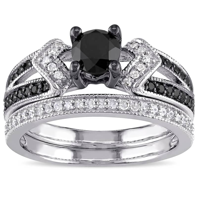 Miadora Sterling Silver Black Rhodium 1 1/8ct TDW Black and White Diamond Split Shank Bridal Set