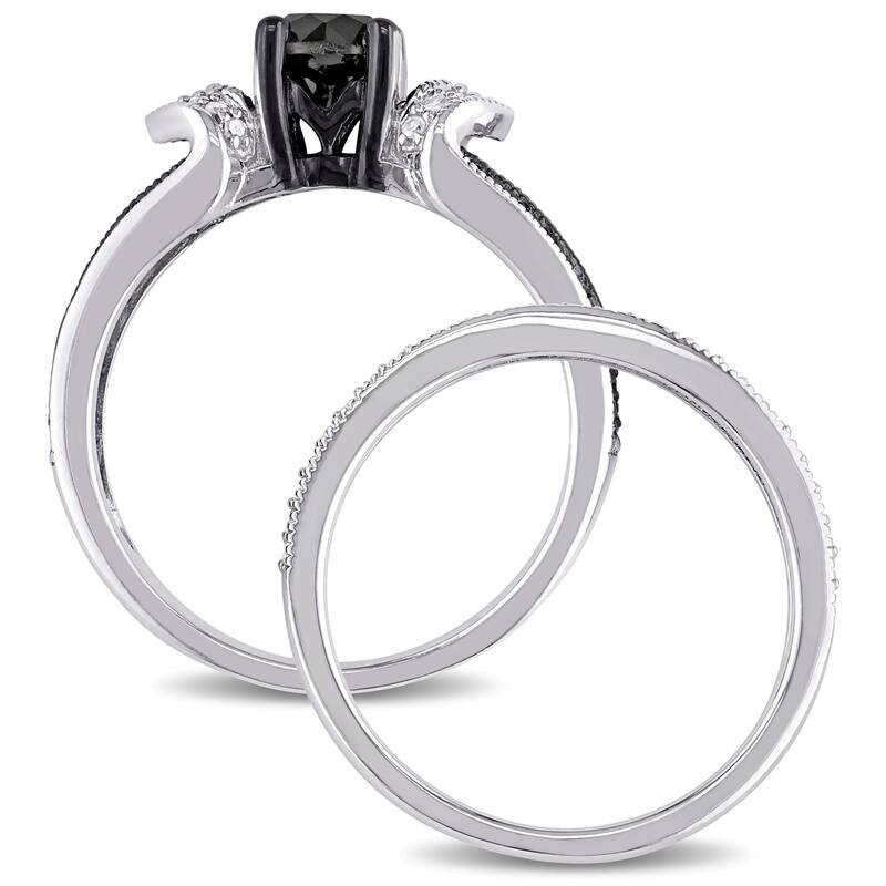 Miadora Sterling Silver Black Rhodium 1 1/8ct TDW Black and White Diamond Split Shank Bridal Set
