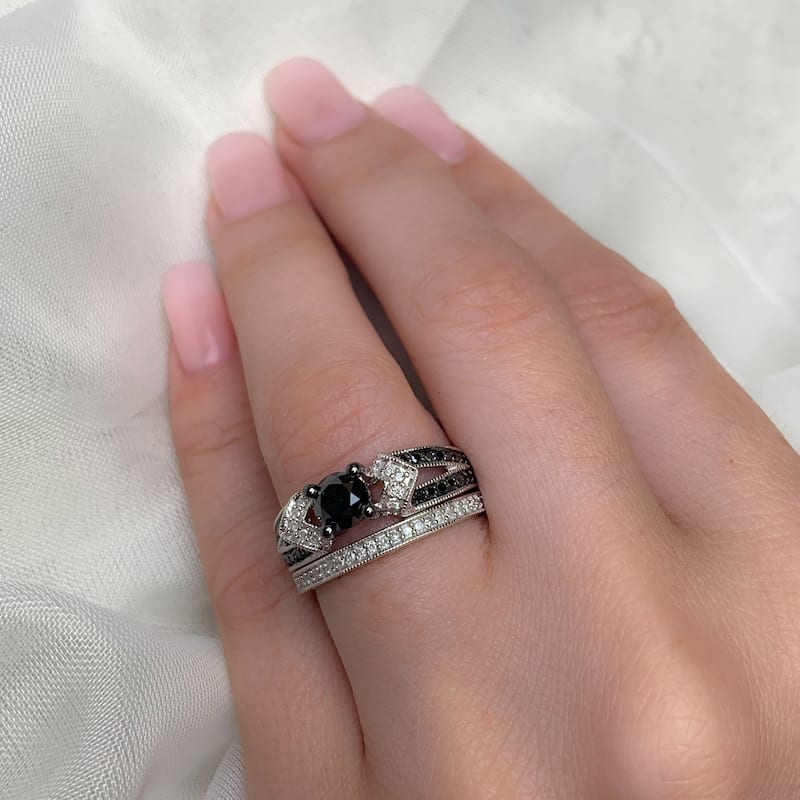 Miadora Sterling Silver Black Rhodium 1 1/8ct TDW Black and White Diamond Split Shank Bridal Set